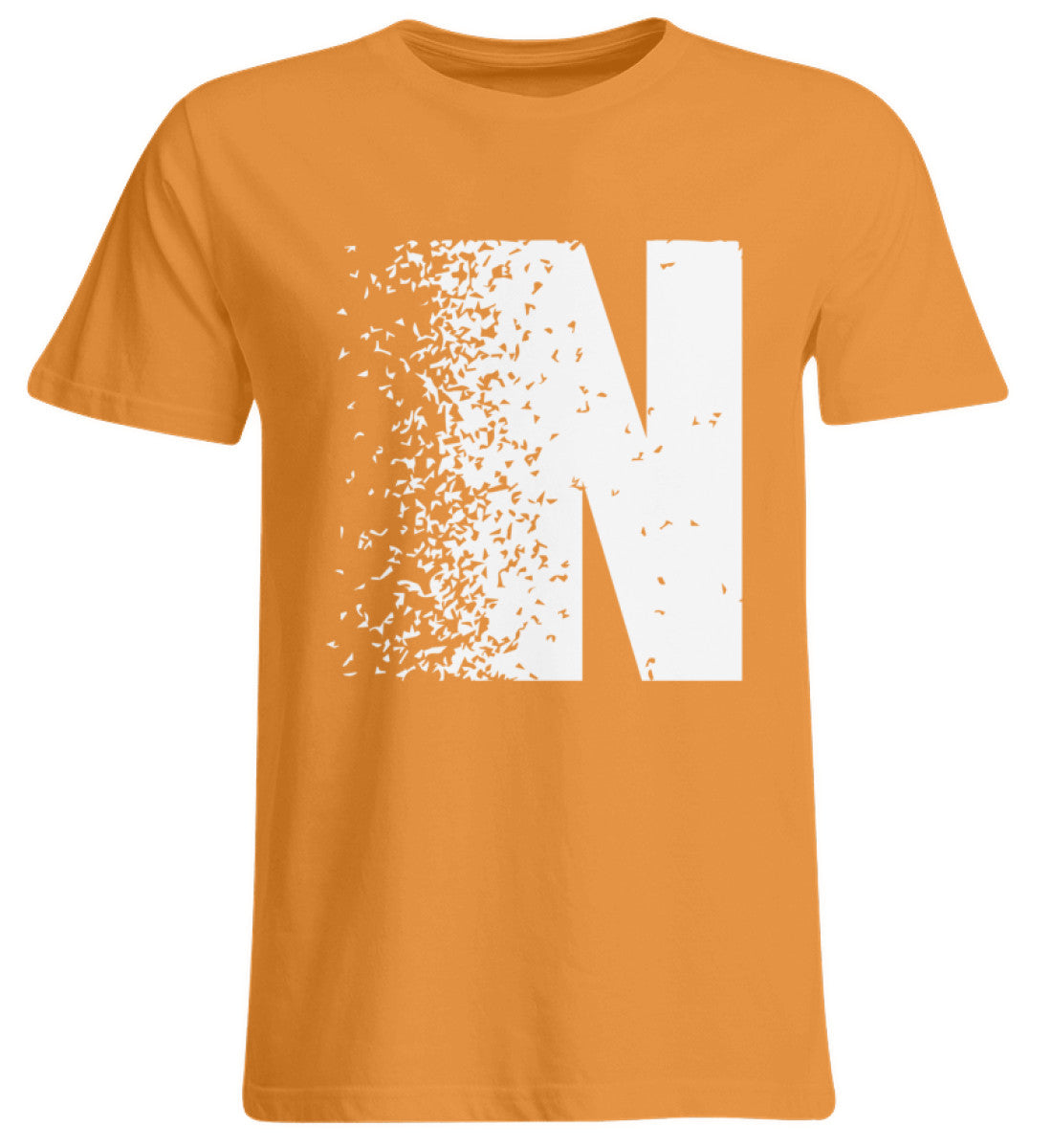 Image of Unisex oversized orange cotton shirt with white fragmented letter N design, round neck and straight cut.